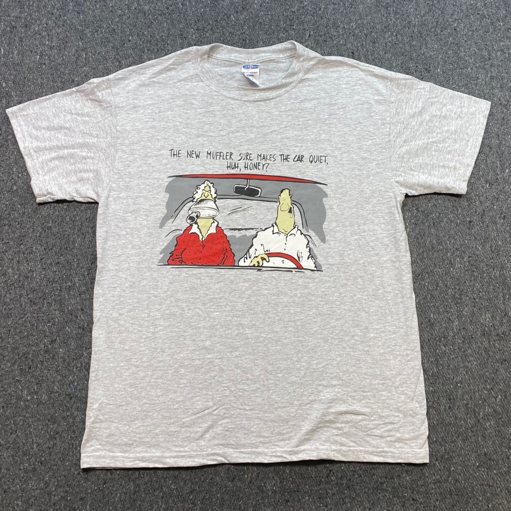 Jerzees Funny Cartoon Muffler Graphic TShirt Sz L Mens Grey Humor Dad Joke Retro